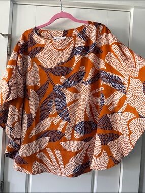Chico's Rust Orange Abstract Floral Blouse with Navy & White Print